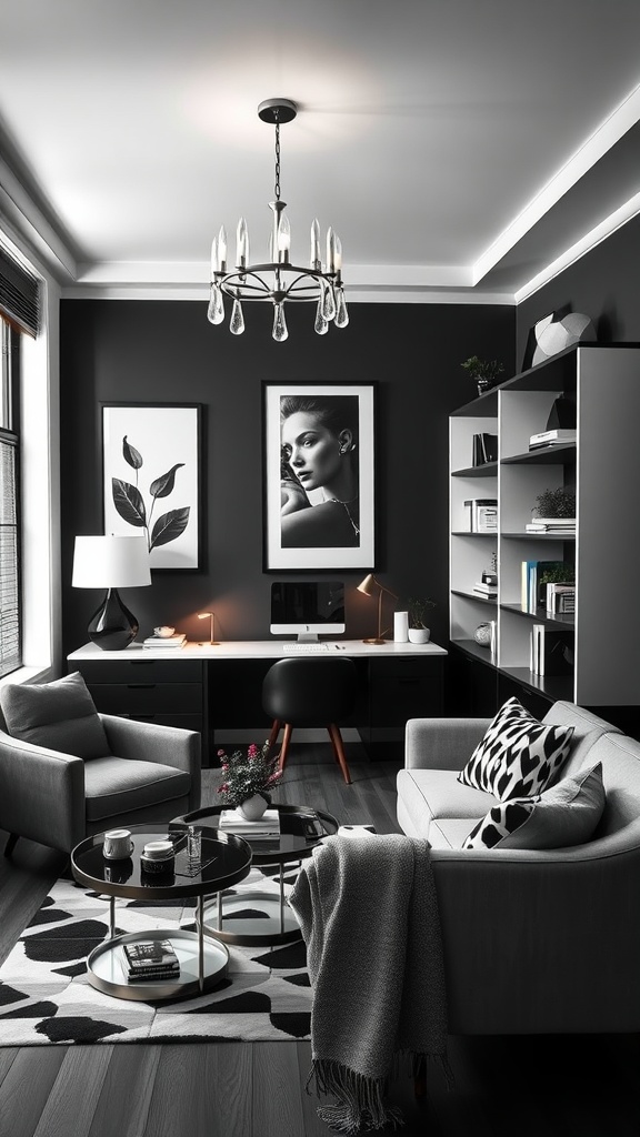 A stylish mid-century modern black and white home office with gray furniture, a black wall, and elegant decor.