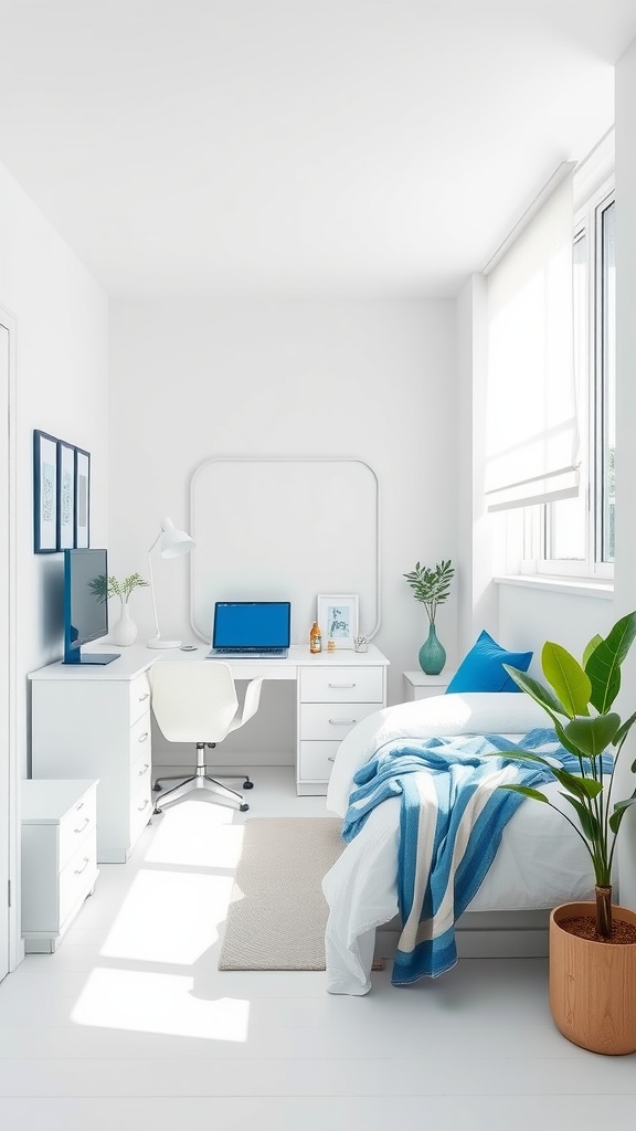 A minimalist bedroom with a cozy bed, a small office nook, and bright blue accents.