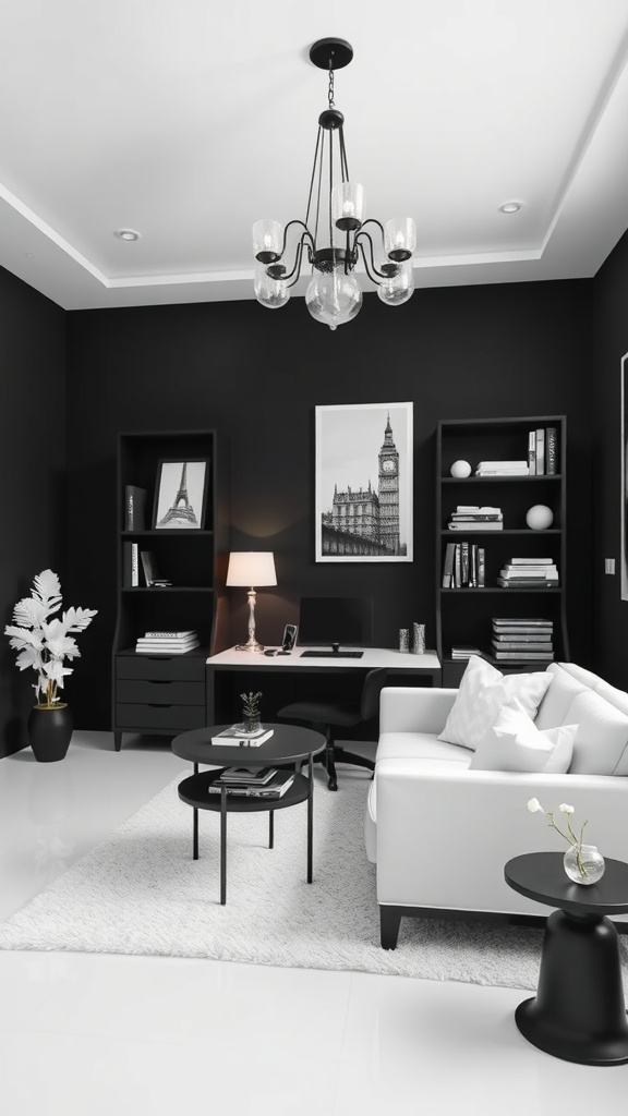 A minimalist monochrome home office featuring black walls, white furniture, and elegant decor.