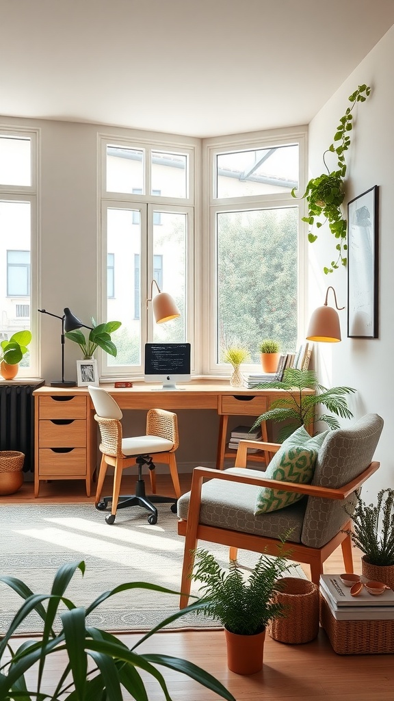 A bright, minimalist Scandinavian home office featuring a cozy desk, plants, and light wooden furniture.