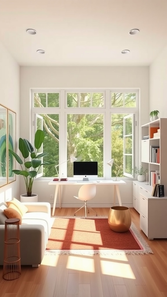 A bright and minimalist workspace featuring a large window, a desk with a computer, a cozy couch, and houseplants.