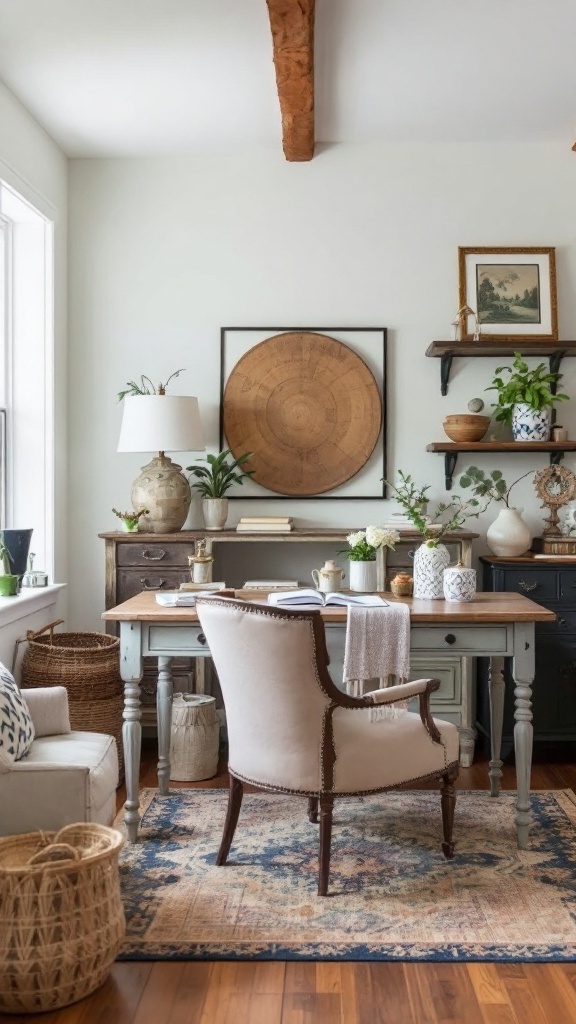 A cozy workspace featuring an antique wooden desk with a laptop, flowers, and natural light.