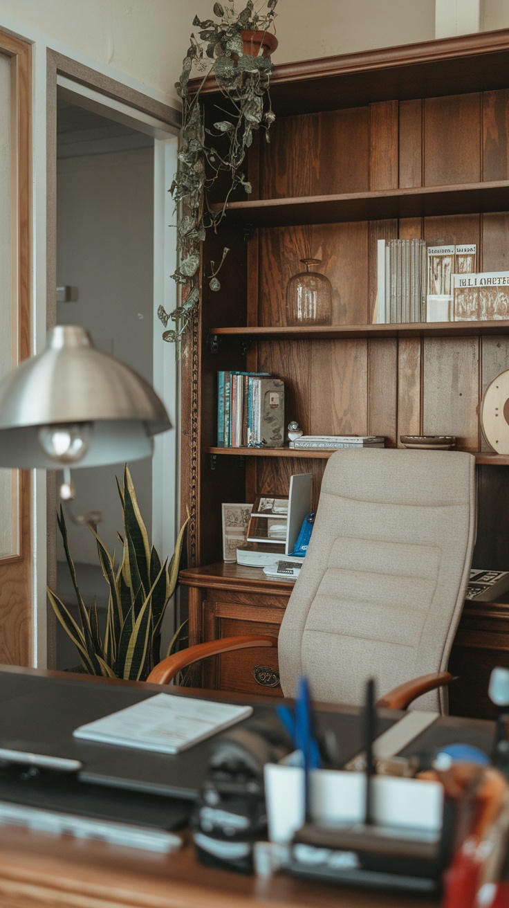 Cozy small home office with wooden furniture and a plush rug