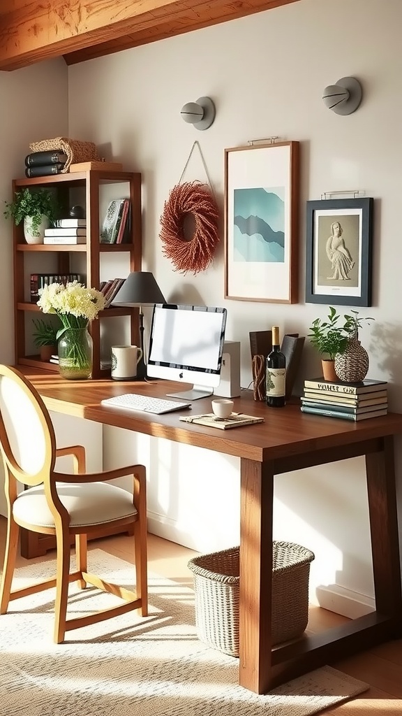 A cozy home office space with a wooden desk, laptop, and warm lighting from a window.