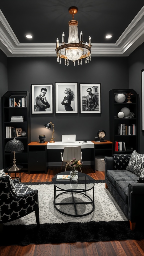 A stylish black and white home office featuring a chandelier, black office furniture, and patterned chairs.