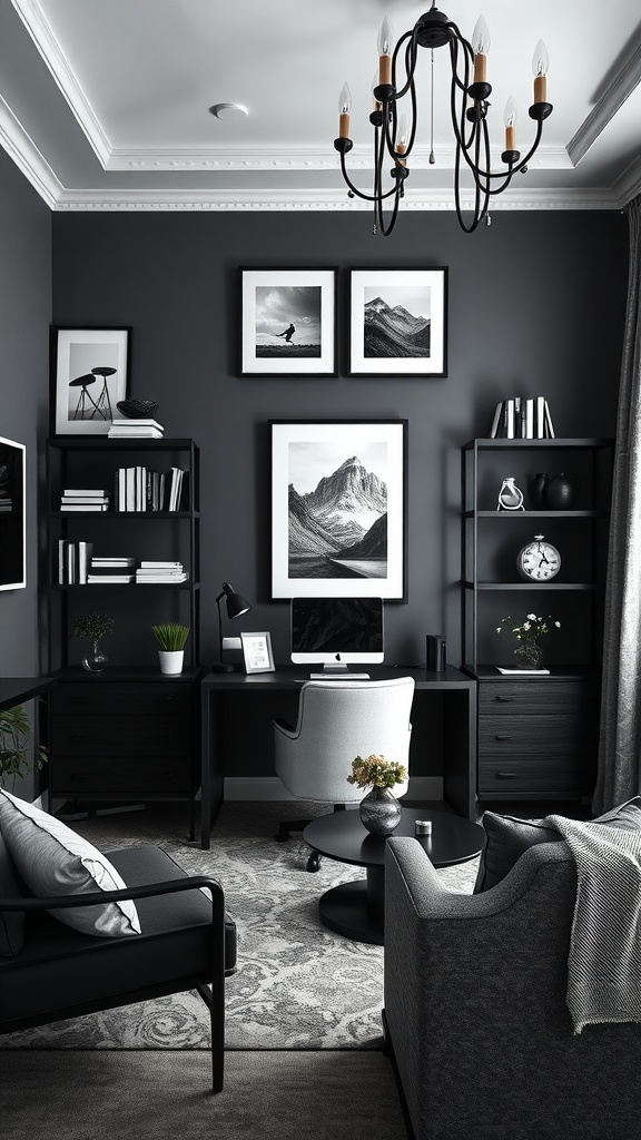 Modern black and white home office with stylish furniture and decor