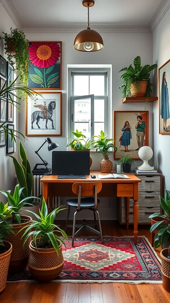 A cozy modern bohemian home office nook with a wooden desk, plants, and vibrant artwork.