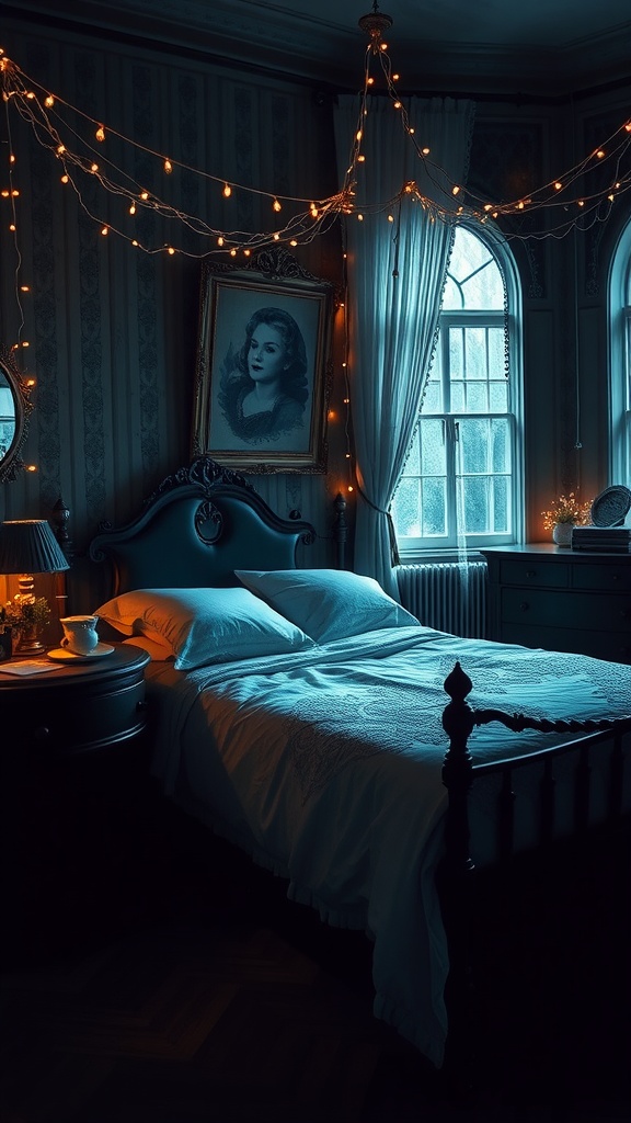 A cozy bedroom with fairy lights, a vintage portrait, and a warm, mystical atmosphere.