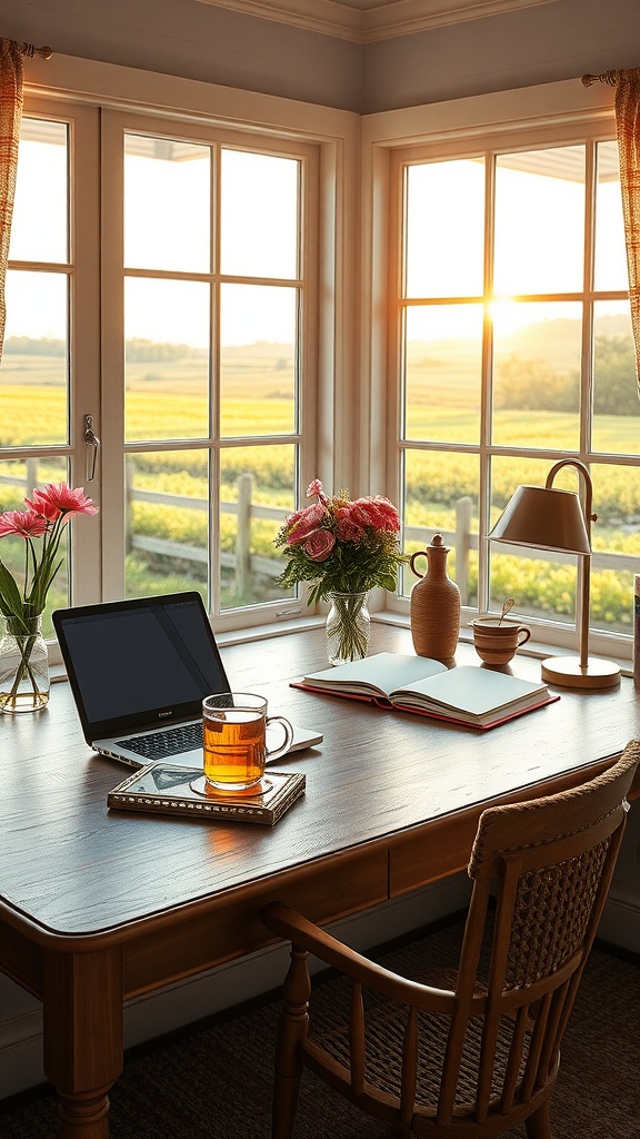 A cozy home office with a wooden desk, laptop, and flowers, bathed in natural light from large windows.