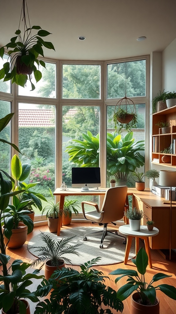 A nature-inspired home office with large windows, a simple desk, cozy chair, and plenty of plants.