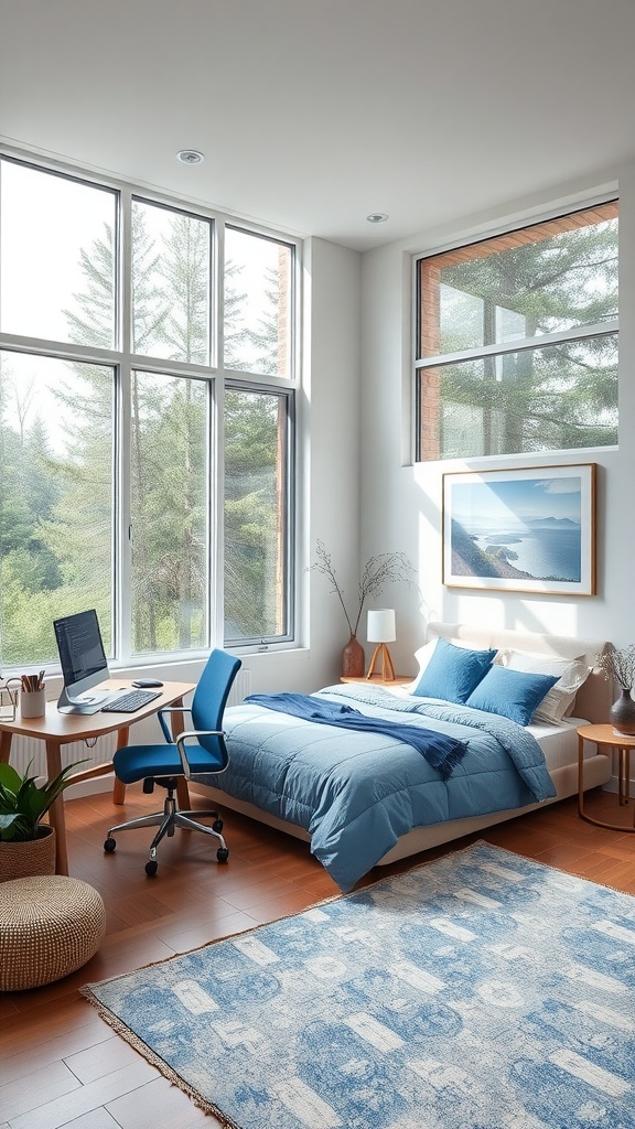 A stylish bedroom with a cozy bed, modern desk, and large windows offering nature views.