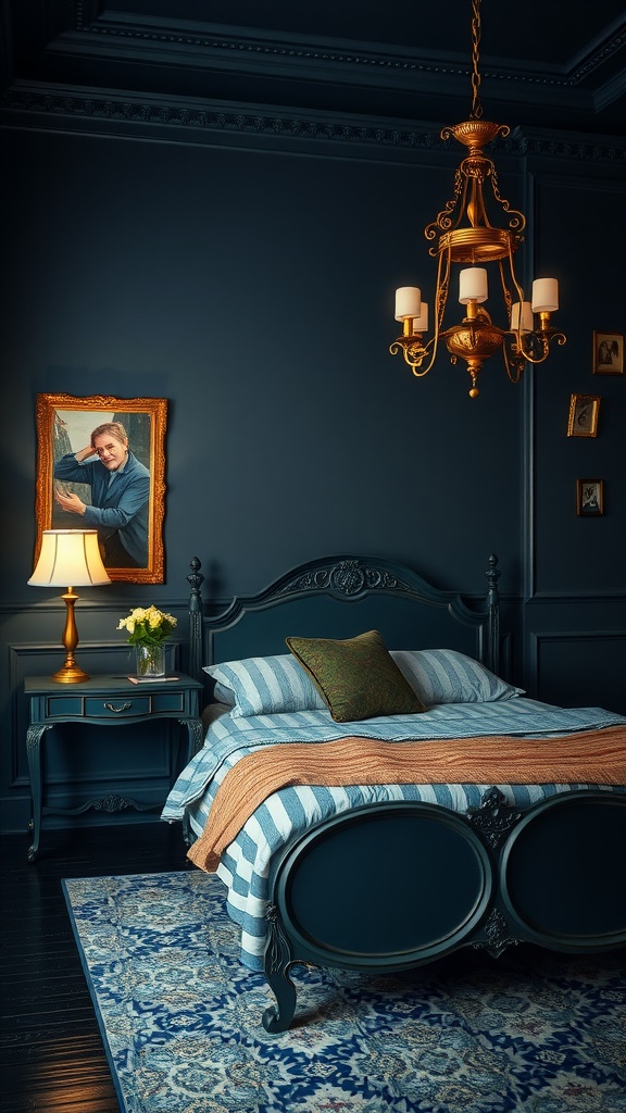 A cozy bedroom featuring navy blue walls, a gold chandelier, and elegant decor.