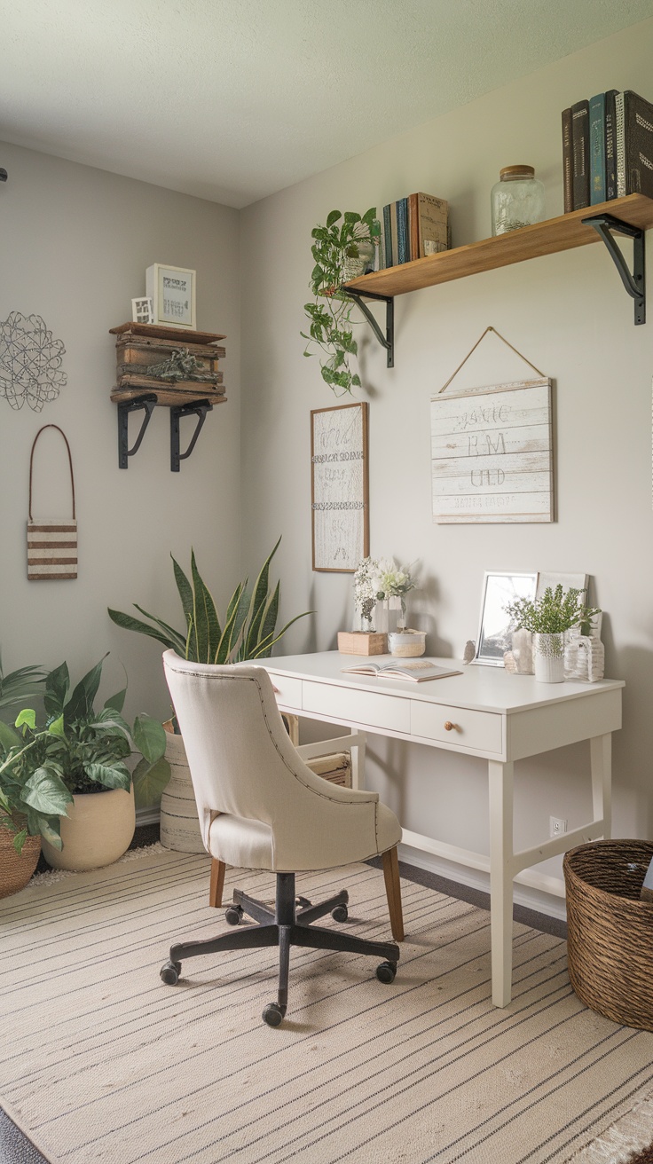 A warm and inviting home office with natural light, a cozy desk, and floral decorations.