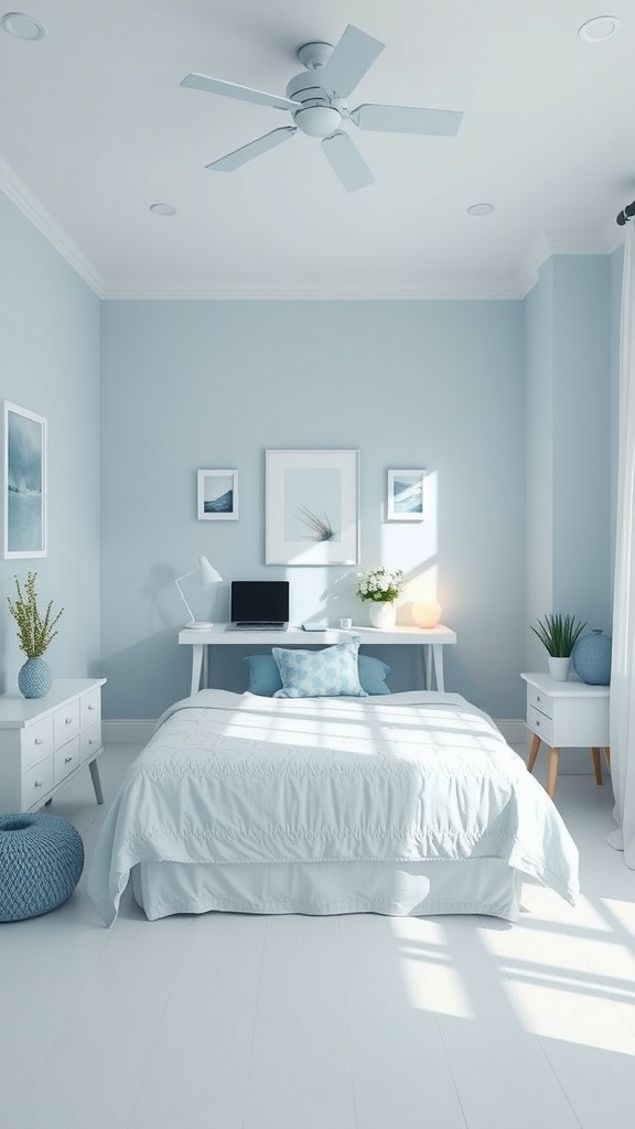 A serene bedroom with blue walls, a cozy bed, and a stylish desk setup.