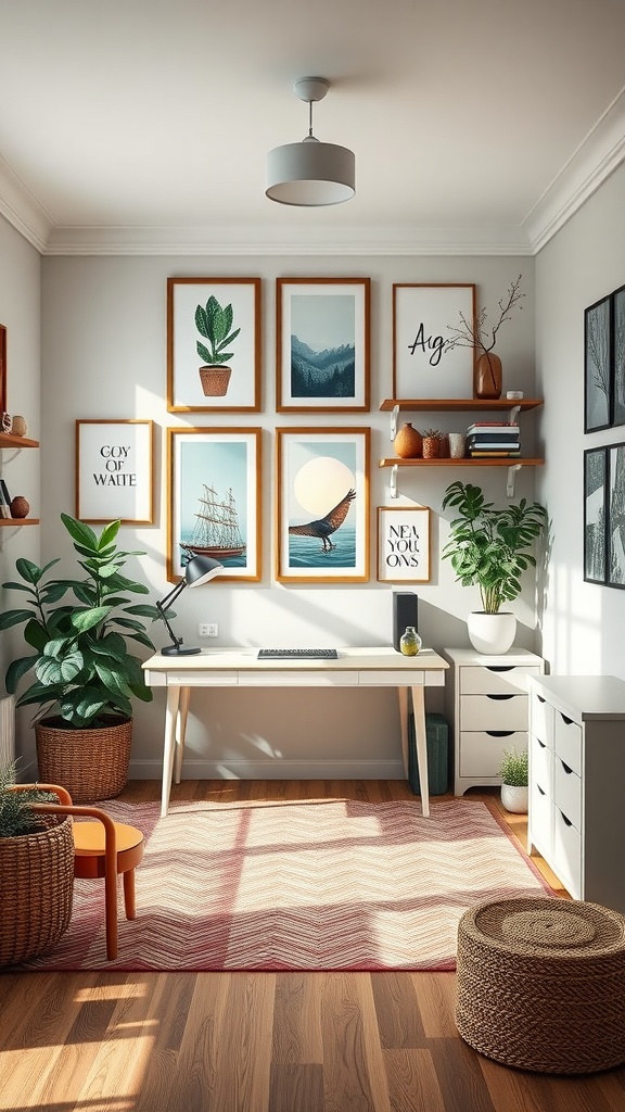 A cozy home office inspired by outdoor elements, featuring a simple desk, framed nature art, potted plants, and warm decor.