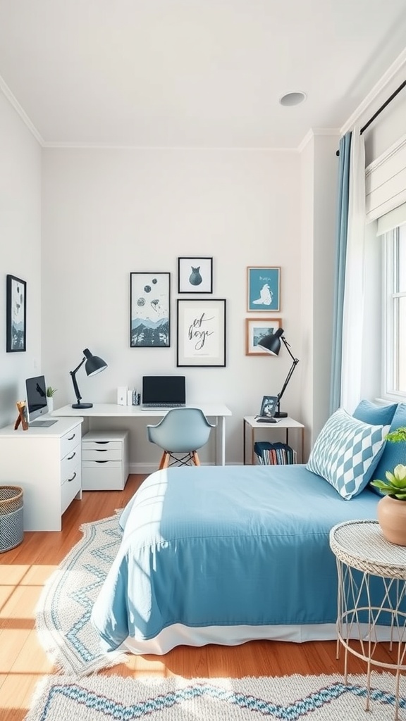 A serene blue and white bedroom with a cozy desk and stylish decor.