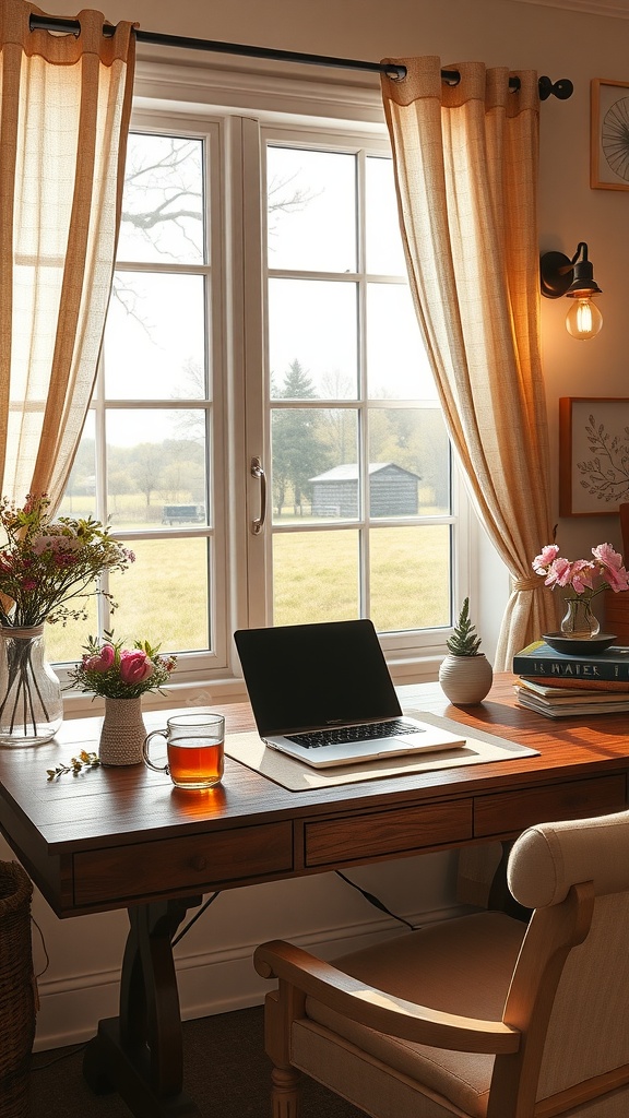 A cozy home office with a wooden desk, laptop, flowers, and natural light coming through the window.