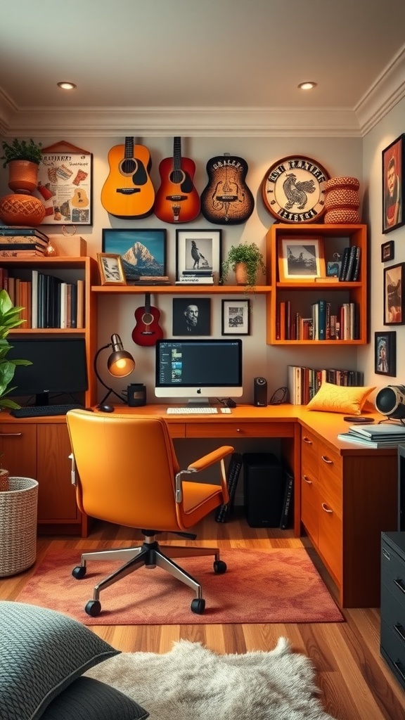 A cozy home office with orange accents, guitars on the wall, and a spacious desk.