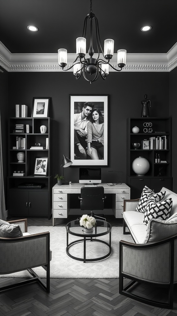 A stylish black and white home office featuring elegant decor and a modern workspace.