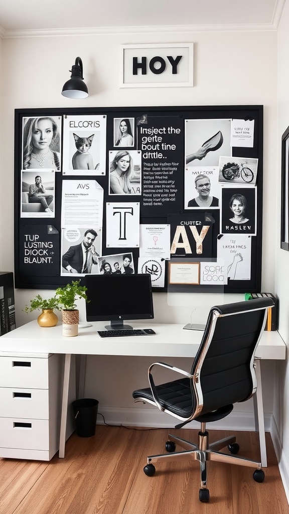 Black and white home office featuring a vision board, elegant furniture, and stylish decor.