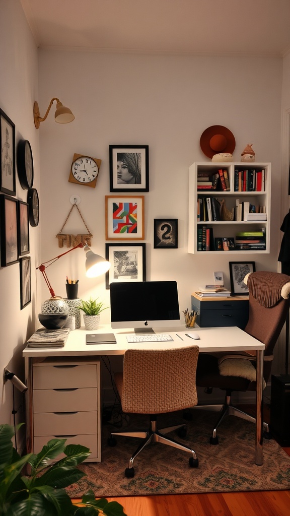 A cozy home office setup featuring a desk with a computer, wall art, and plants, designed for small spaces.