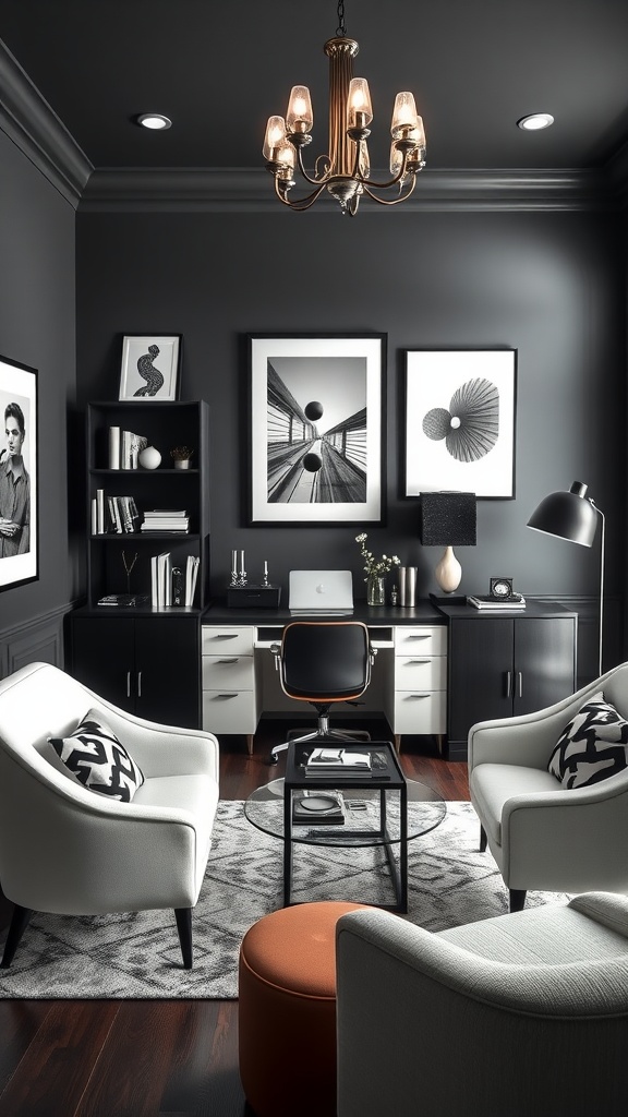 A stylish black and white home office featuring playful accent chairs, dark walls, and modern decor.