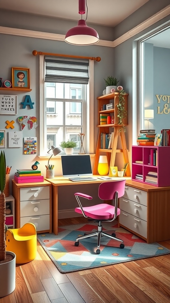 A colorful and playful kids study zone with a pink chair, spacious desk, and bright decor.