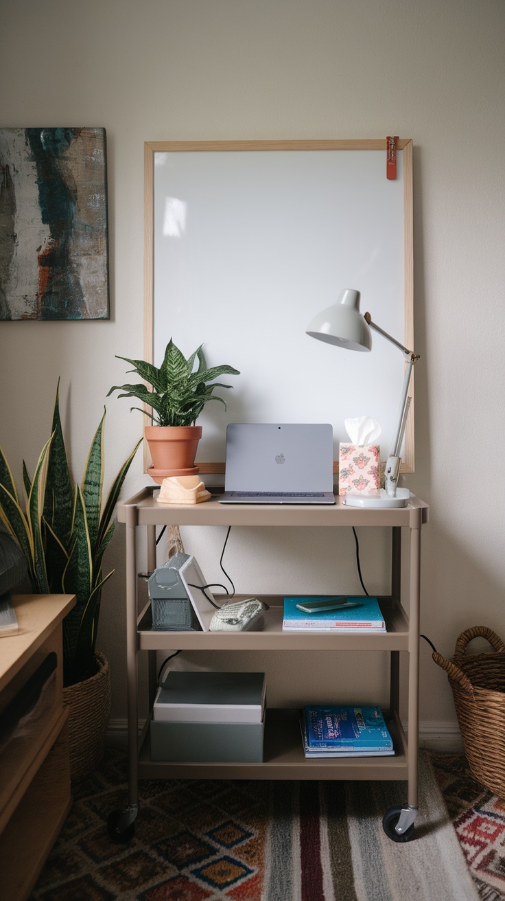 A portable office cart with a laptop, stationery, and decorative items, designed for small office spaces.