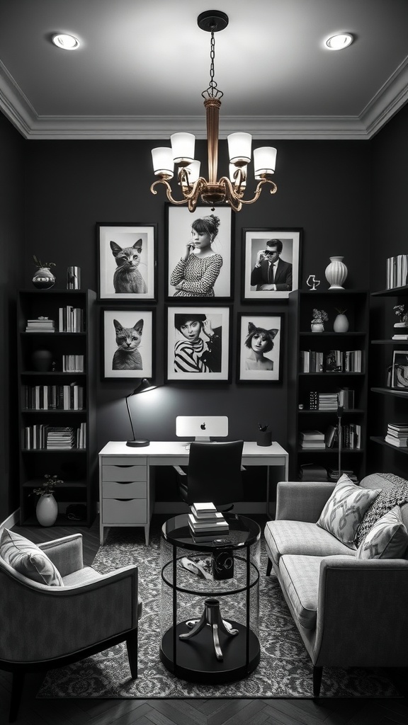 A stylish black and white home office featuring quirky art pieces, modern furniture, and a sophisticated atmosphere.