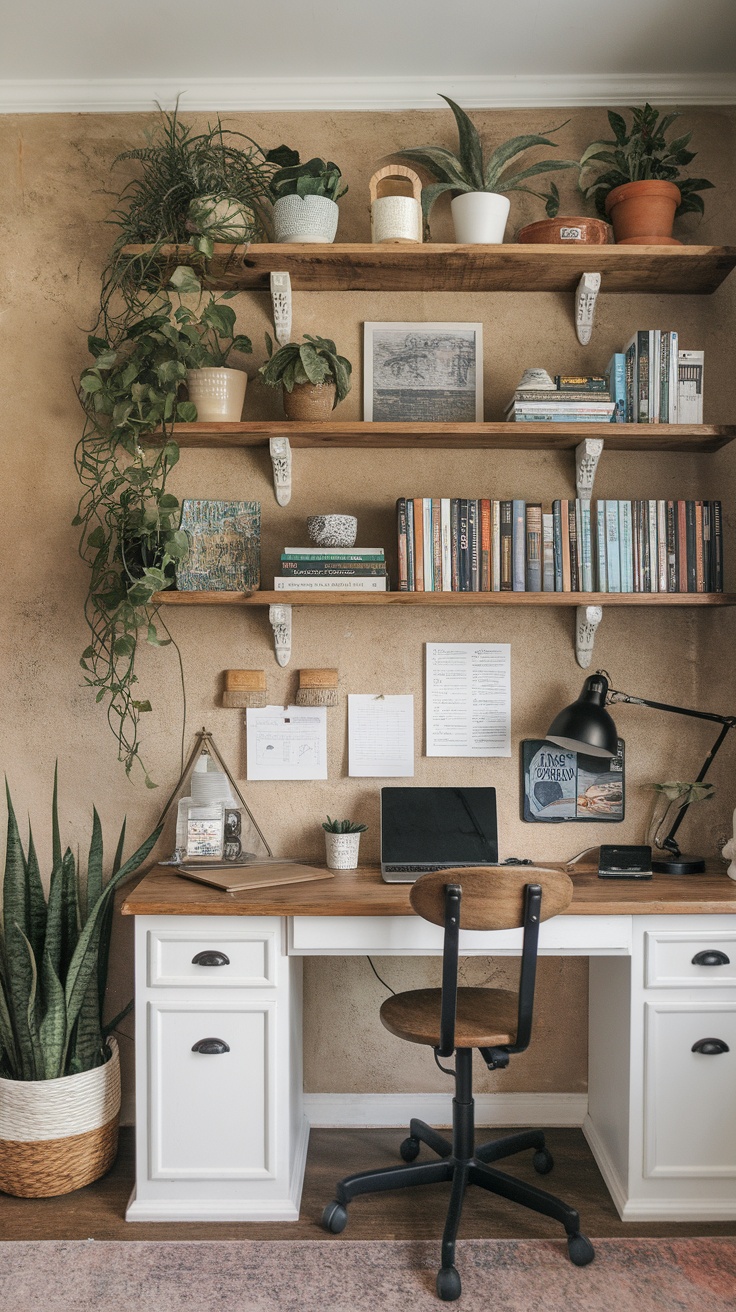 Cozy home office with reclaimed wood shelves, laptop, and plants.