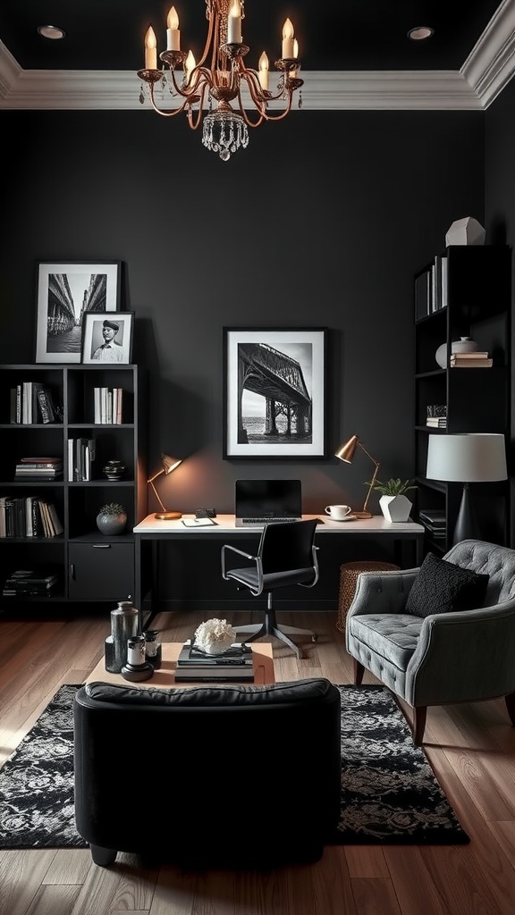 A stylish black and white home office featuring black walls, a modern desk, and elegant decor accents.