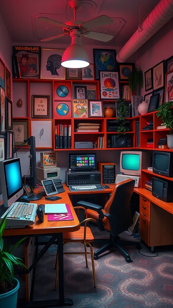 A retro-inspired home office with vintage computers and bright orange shelves filled with decorative items.