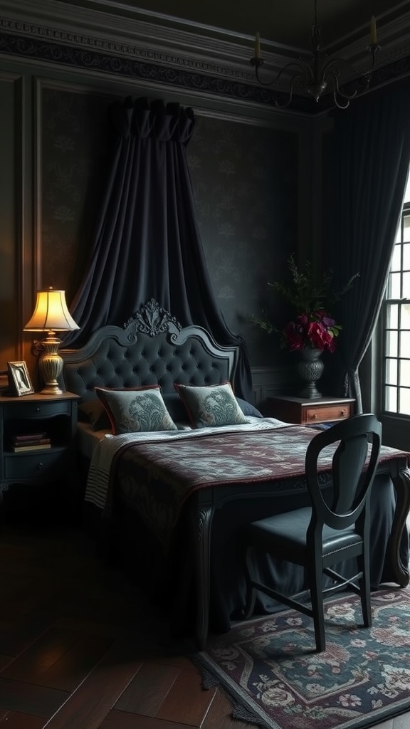 A dark moody bedroom featuring velvet fabrics, plush furnishings, and warm lighting, creating a cozy library aesthetic.