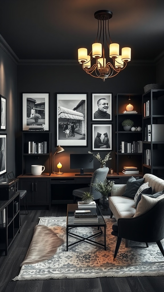 A rustic black and white home office with dark walls, black furniture, and stylish decor.