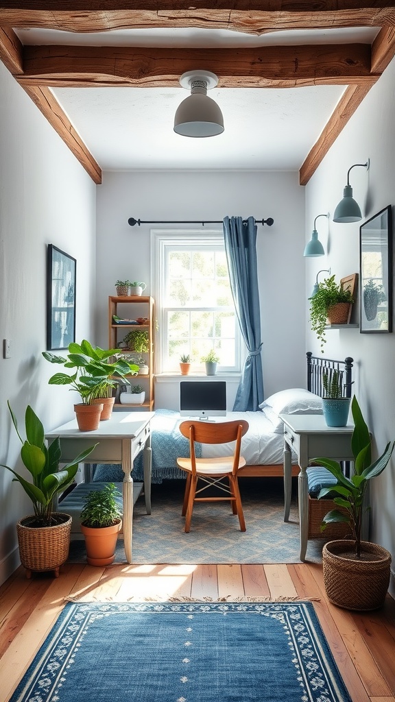 A rustic bedroom with natural elements, featuring wooden beams, a cozy desk, and plants, designed as a small home office.