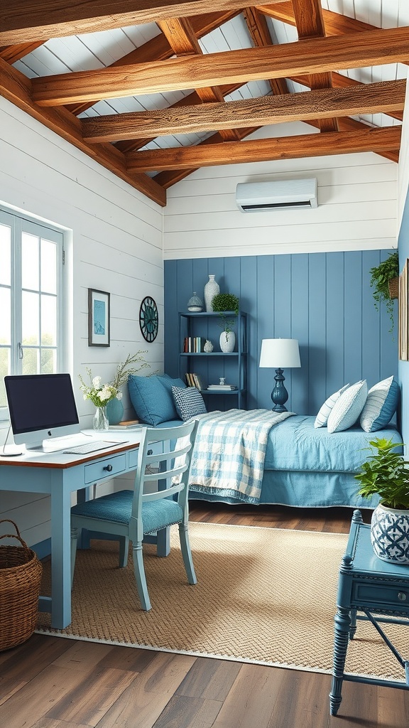 A cozy bedroom office with blue walls and wooden beams, featuring a desk by the window and a bed with blue linens.