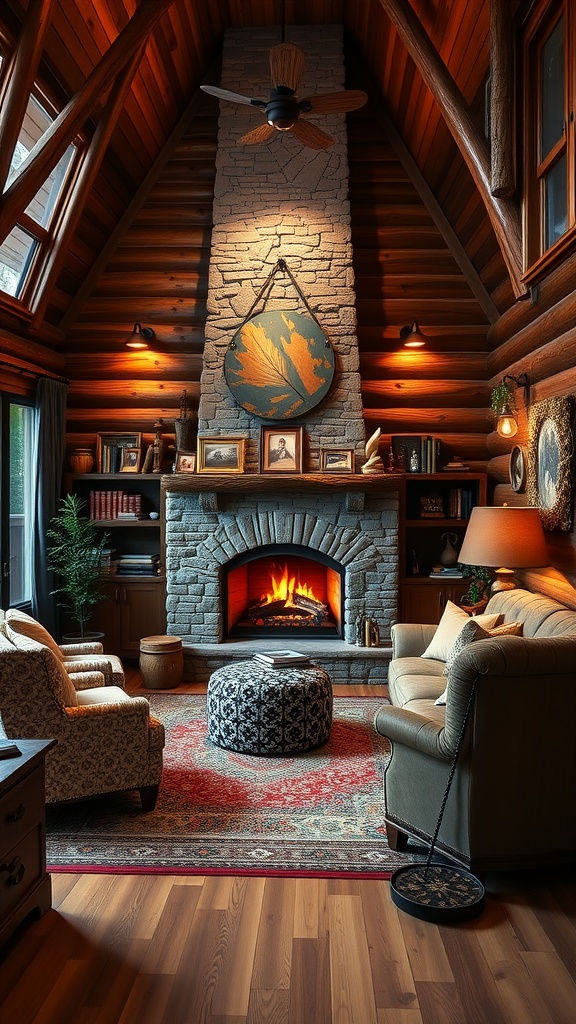 A rustic home office featuring a cozy seating area with a stone fireplace, warm wood tones, and elegant decor.