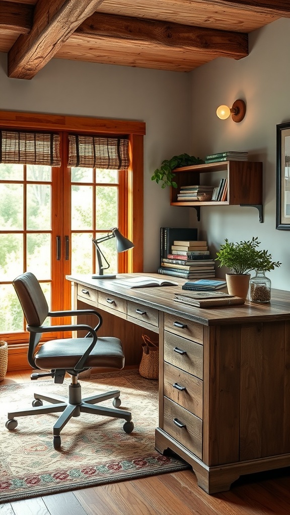 A rustic wooden desk with a laptop, a glass of tea, and flowers, illuminated by sunlight through a window