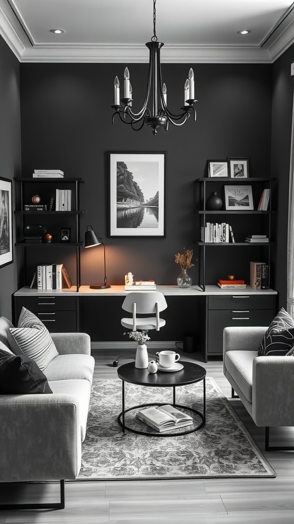 A stylish black and white home office featuring black walls, modern furniture, and elegant decor.