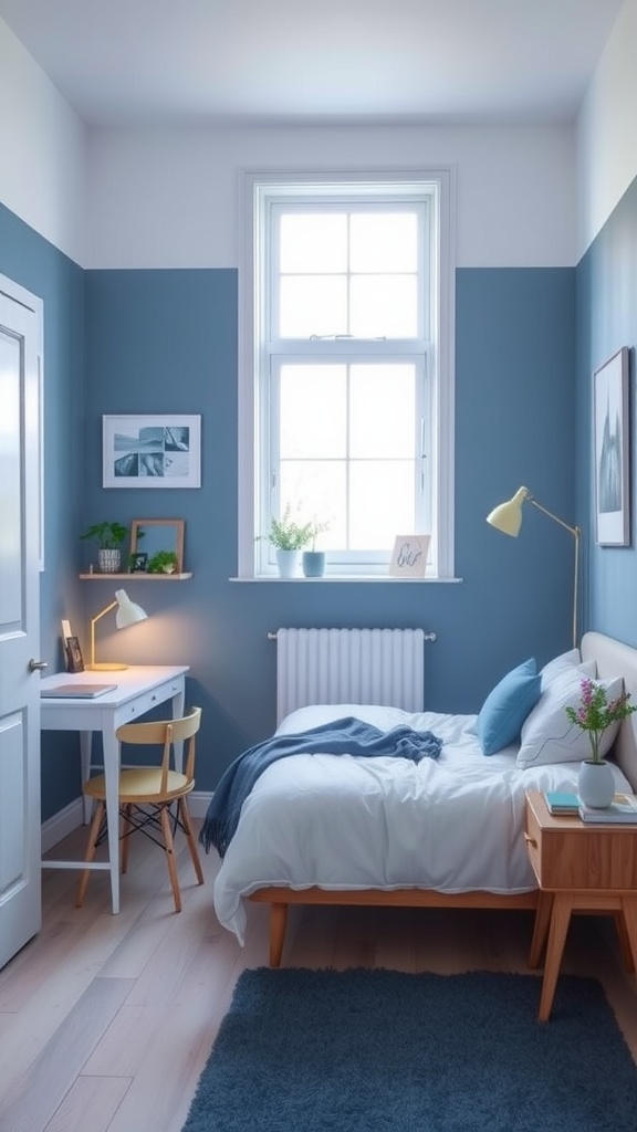 A serene blue and white bedroom featuring a cozy bed, a stylish desk, and a large window.