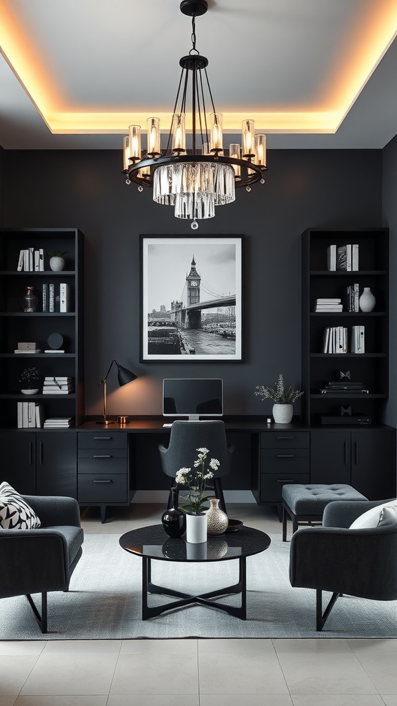 Sleek floating shelves in a modern black and white office