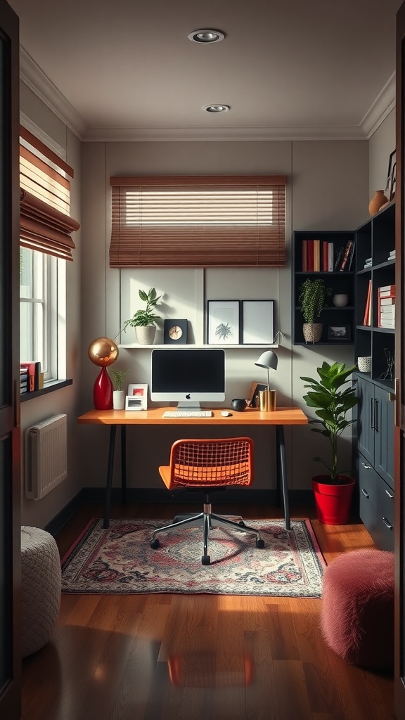 Cozy small home office with a wooden desk, orange chair, and plants, creating a stylish workspace.