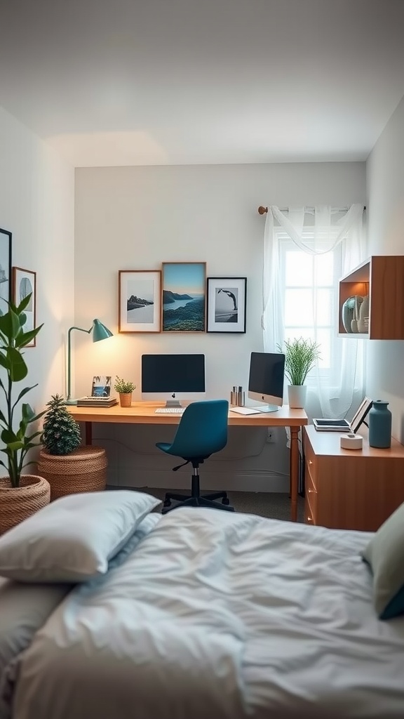 A serene bedroom and home office combination with soft lighting, a cozy desk, and plants