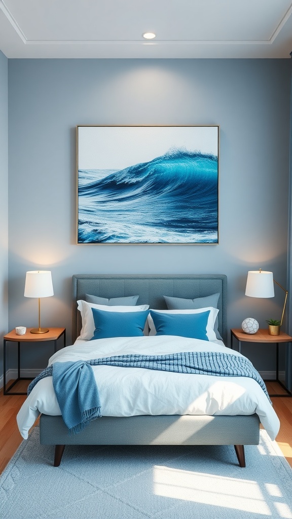 A bedroom featuring soothing ocean waves artwork above the bed, with blue and white decor.