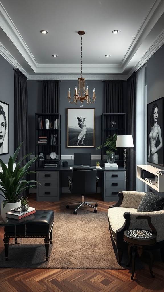 A sophisticated black and white home office featuring gray walls, modern furniture, and stylish decor.