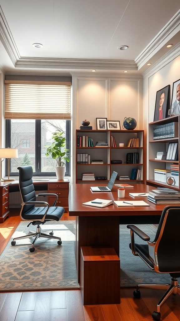 Sophisticated corporate home office featuring a wooden desk, sleek chairs, bookshelves, and natural light