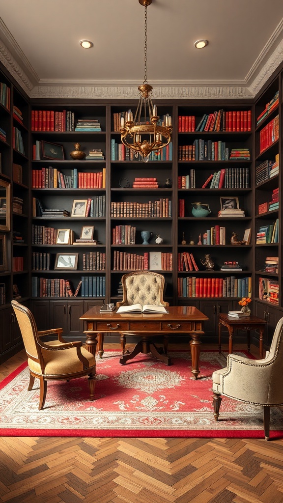 A sophisticated library office featuring a wooden desk, elegant chairs, and a bookshelf filled with colorful books.