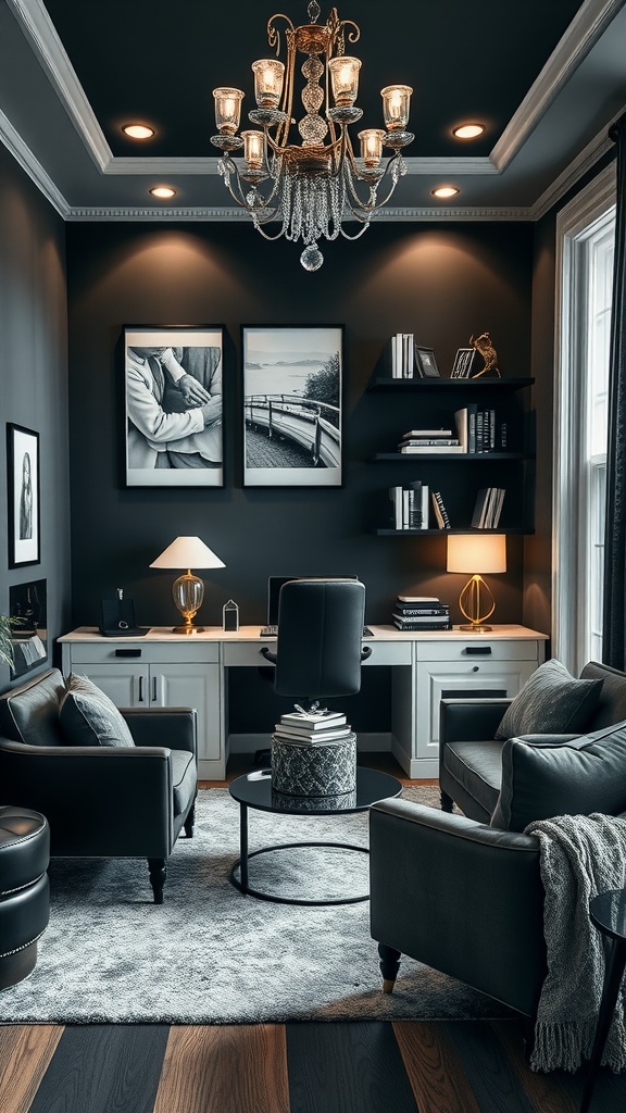 A sophisticated black and white home office with a stylish chandelier, dark walls, elegant desk, and comfortable seating.