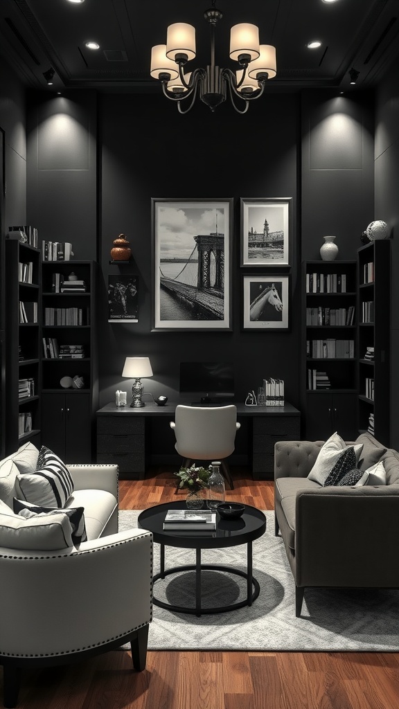 A stylish black and white home office featuring a chandelier and modern furniture.