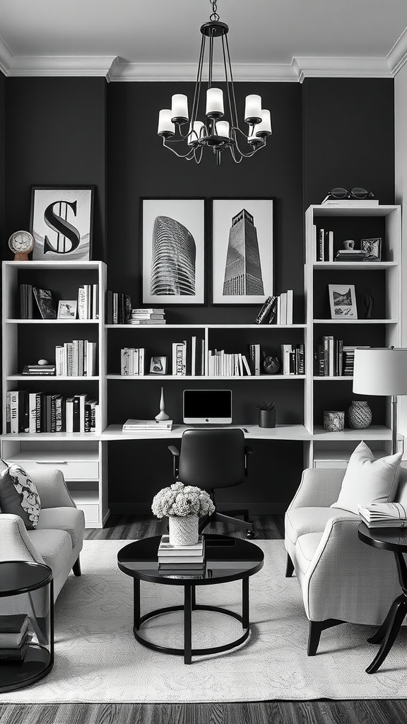 Stylish black and white home office with elegant furniture and organized book storage